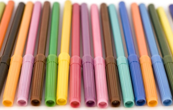 View of colorful markers from top with shallow dof