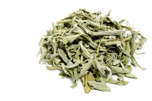 dry sage tea on white background