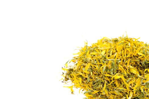 dry calendula (pot marigold) tea on white background
