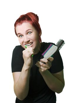 Funny woman with combs on white background.
