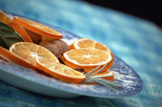 plat of dried orange and cinammon, Christmas decoration