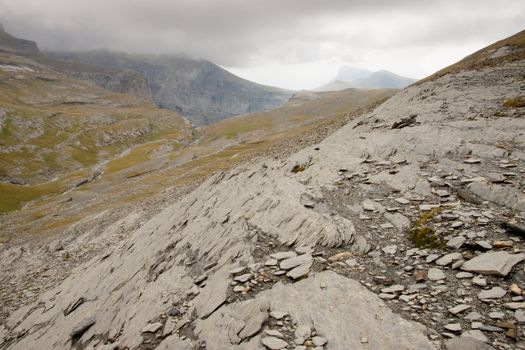 Danger and stony path to Anisclo Canyon in Ordesa National Park - Spain.