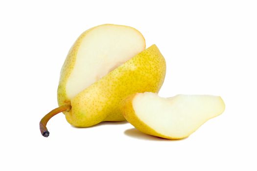 Cut pear and slice, isolated on a white background.