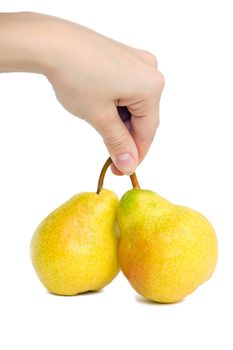 Hand holding two pears, isolation on a white background.