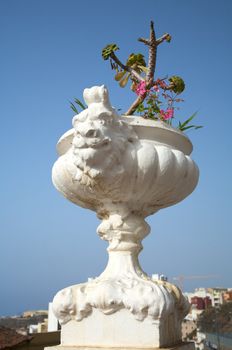 white flowerpot with a sculpture face at icod city tenerife spain