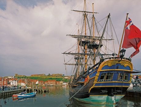 A replica of Captain Cook's 18th century ship in Whitby harbour, from where he sailed on his voyages of discovery to America and Australia.