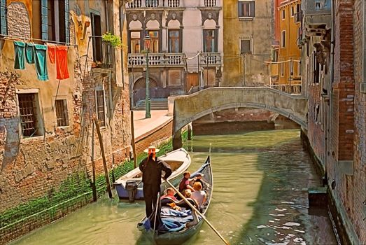 Tourists tour the canals of Venice by Gondola.