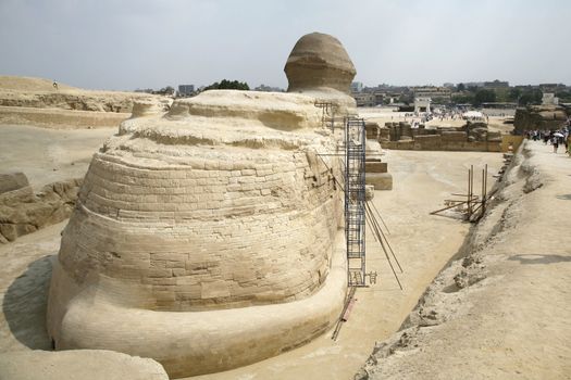 back view of the sphinx next to gizah in egypt