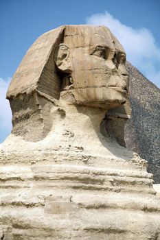sphinx head with gizah pyramid behind
