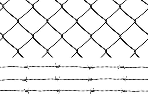 Barbed wire and wire fence isolated over white