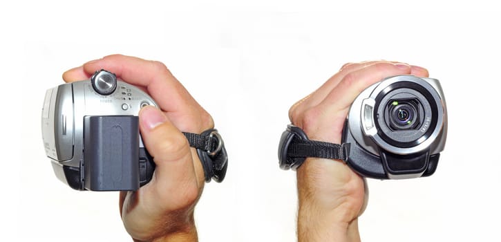 Hand holding camcorder. Front and back view