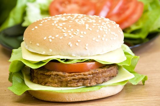 burger with cheese, lettuce, tomato and light mayo