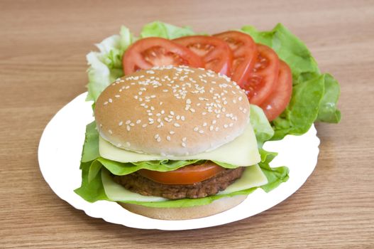 yummy beaf burger with cheese, lettuce, tomato and mayo