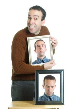 A young man with photos of himself showing different emotions, isolated against a white background