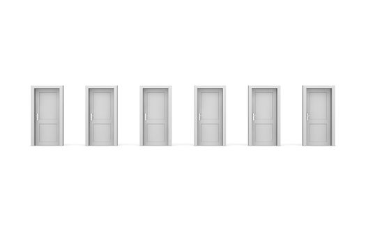 line of six grey closed doors - door and door frame, no walls