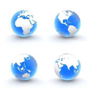 four views of a 3D globe with white continents and a shiny blue transparent ocean