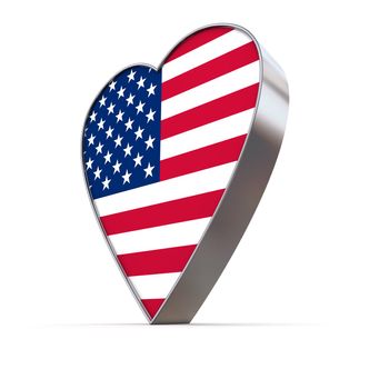 shiny metallic 3d heart of silver/chrome - front surface shows the flag of the United States