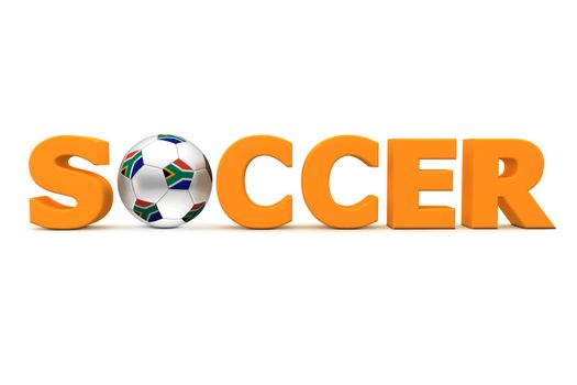 orange word Soccer with football/soccer ball replacing letter O - south african flag on the ball