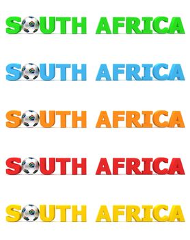word South Africa with football/soccer ball replacing letter O - south african flag on the ball - in green, blue, orange, red, yellow
