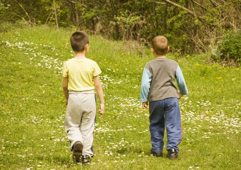 boys are walking through a grassy field