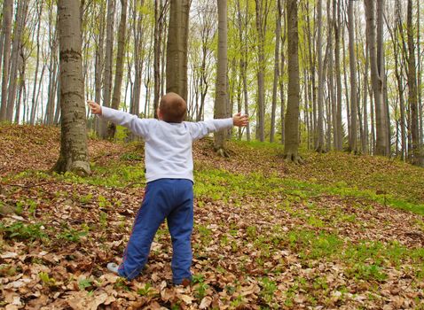 a boy is standing in the woods with arms spread, breathing the air