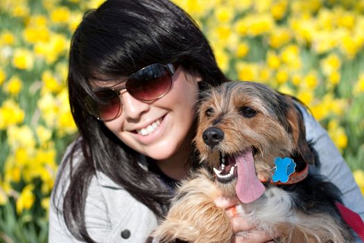 A cute terrier mix breed pup in the arms of a beautiful Spanish woman posing in front of the yellow daffodil flowers in the Spring time. Shallow depth of field.