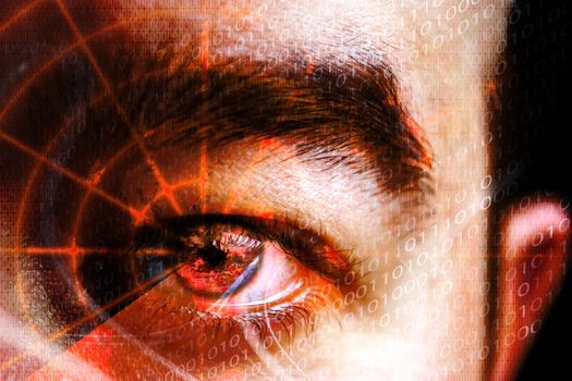 Abstract montage of a mans eye with a radar grid overlaying the pupil.  Shallow depth of field. Great concept relating to cyber crime hackers or identity theft.