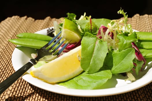 salad, lettuce, spinach, peas, snap, lite, low-calorie, diet, lemon, lime, plate, fork, wood, place mat, silver, , 
white, green, red, bright, 