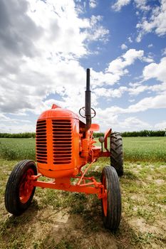 An old orange retro tractor in a field
