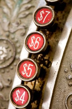 A detail of a vintage dirty cash register
