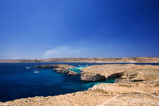 Landscape of Comino Island (foreground) and Gozo Island (background) in malta