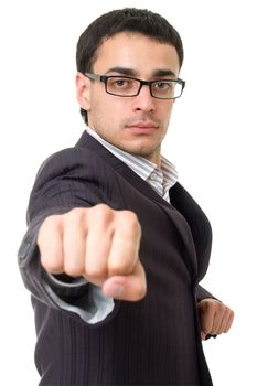 Fist close up. The businessman on a white background