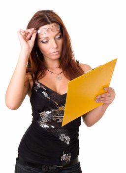 beautiful woman with documents on a white background