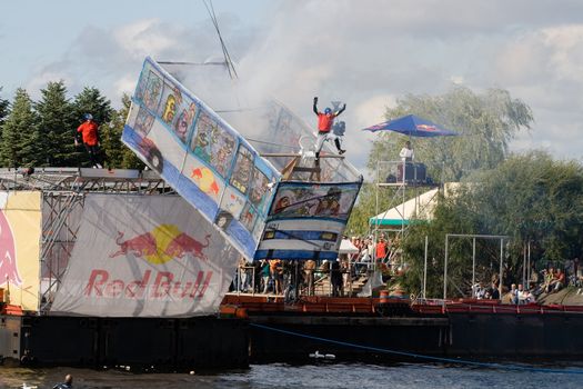 Red Bull Flugtag competition in Riga August 31, 2008. Flugtag is an event owned and operated by Red Bull in which competitors attempt to fly homemade human-powered flying machines. Over 30 competitors 'flew' in the first flugtag to be held in Latvia.