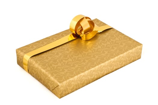 Golden gift box with ribbon isolated on white