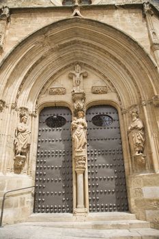 front door of a church at chinchilla village in albacete spain