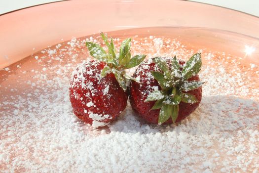 Two strawberries with powdered sugar on pink plate against a white background