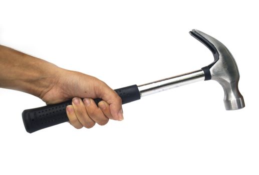 Hand holding a silver claw hammer against a white background