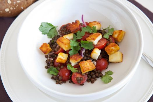 Delicious and healthy salad with lentils, tomatoes and cheese