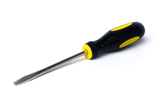 Yellow and black handled screwdriver on white background