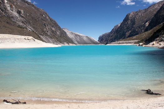 Sand shore of Laguna Paron, Cordillera Blanca Mountains, Peru.