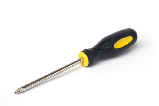 Yellow and black handled phillips screwdriver on white background