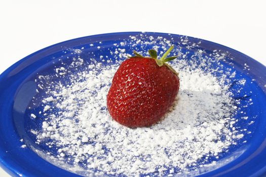 Single strawberry on blue plate with powdered sugar