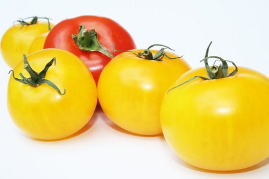 Yellow and red tomatoes isolated against white background