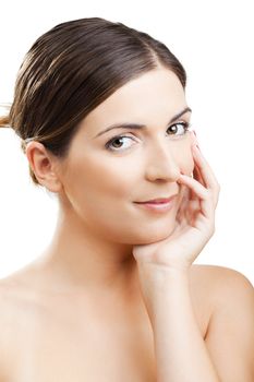 Close-up portrait of a beautiful and fresh woman isolated on white