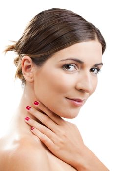 Close-up portrait of a beautiful and fresh woman isolated on white