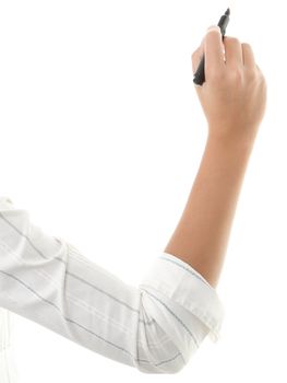 Hand writing isolated on white. Close up of woman arm writing with black marker. Isolated on white background.