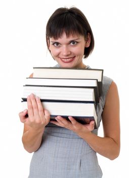 Charming student with thick books on a white background.