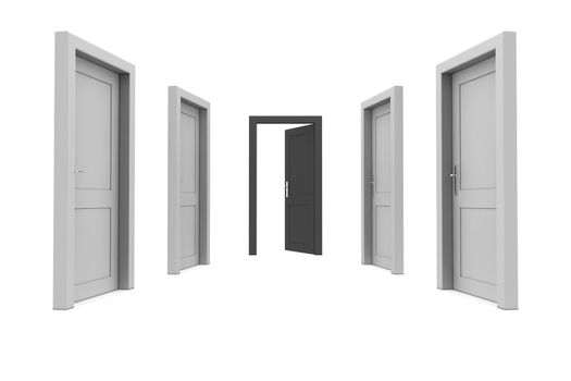 abstract hallway with gray doors - one black door open at the end of the corridor