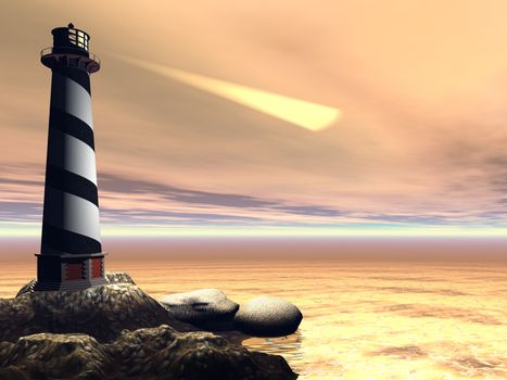 A lighthouse shines out to sea to warn passing boats and ships.